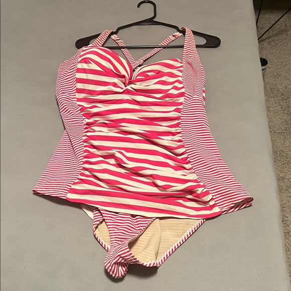 torrid Other - Torrid Striped Pink and White One Piece Tummy Control Swim Suit